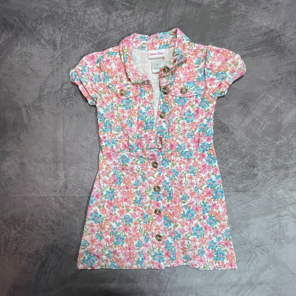 Little Lass Shirt Dress Girls 4 Multi Floral Flap Pockets Puff Sleeve Button Up